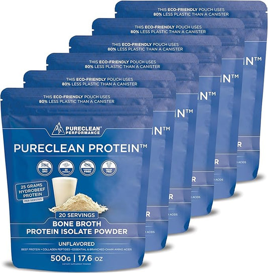 PureClean Protein 25G Organic Grass Fed Beef Bone Broth Protein from Swedish Cattle - Paleo, Keto-Friendly, Gluten-Free, Sugar-Free, Dairy-Free - Enhanced with Collagen Peptides - (6 Bags Unflavored)