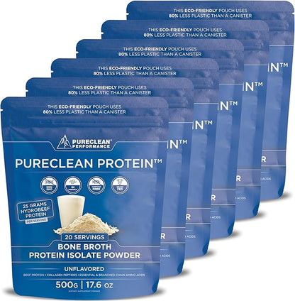 PureClean Protein 25G Organic Grass Fed Beef Bone Broth Protein from Swedish Cattle - Paleo, Keto-Friendly, Gluten-Free, Sugar-Free, Dairy-Free - Enhanced with Collagen Peptides - (6 Bags Unflavored)