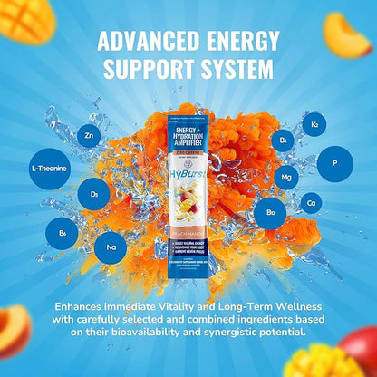 Energy + Hydration Amplifier - Multivitamin Electrolyte Powder Packets with Vitamins D3 K2 & B6 B12 | L-Theanine, Cane Sugar, Caffeine Free Energy Drink Powder | Peach Mango, 15 Pack