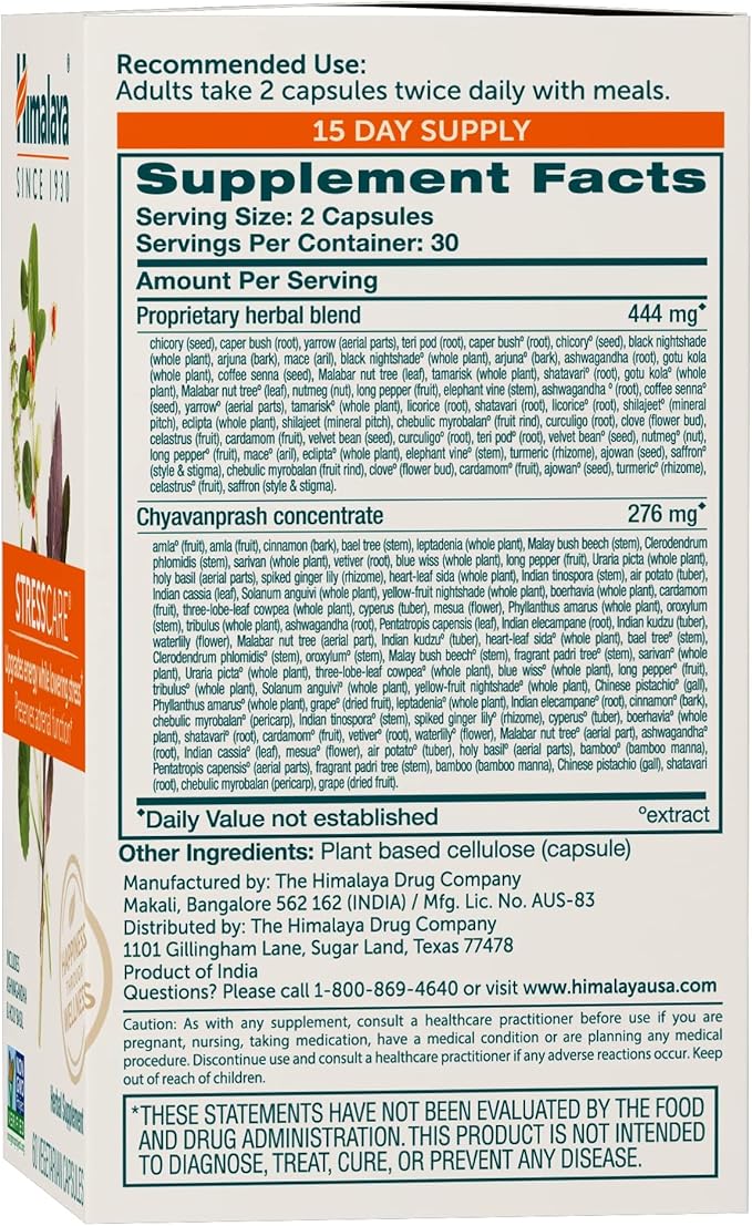 Himalaya StressCare Herbal Supplement, Supports Stress Relief, Energy Support, Relaxation, Occasional Sleeplessness, Ashwagandha, Holy Basil/Tulsi, Gotu Kola, Non-GMO, Vegetarian, 60 Capsules