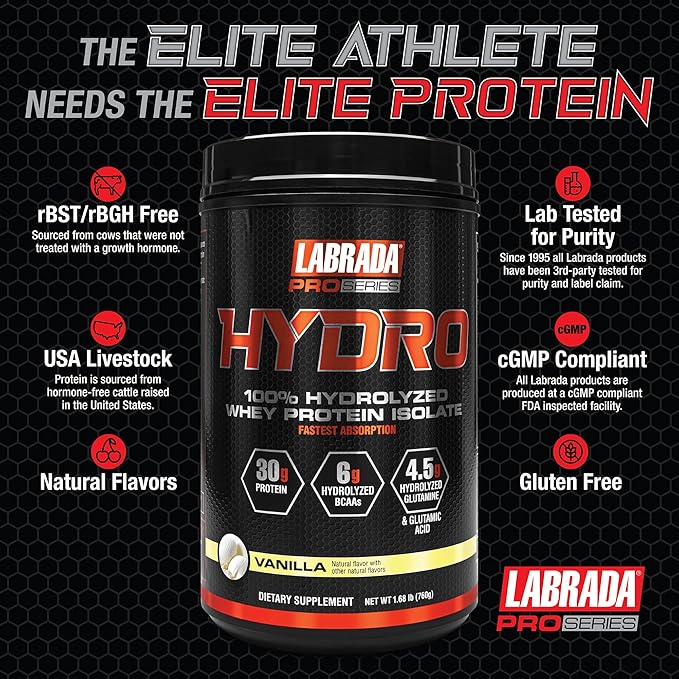 Labrada Hydro 100% Pure Hydrolyzed Whey Protein Isolate Powder, Lactose Free, 6g BCAA’s, 4.5g Glutamine, Fastest Digesting Whey Available, Instant Mixing, Delicious Taste 20 Servings (Vanilla)