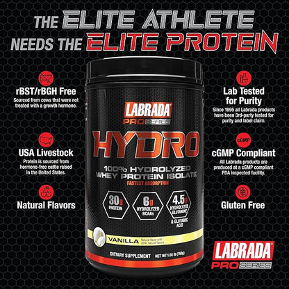 Labrada Hydro 100% Pure Hydrolyzed Whey Protein Isolate Powder, Lactose Free, 6g BCAA’s, 4.5g Glutamine, Fastest Digesting Whey Available, Instant Mixing, Delicious Taste 20 Servings (Vanilla)