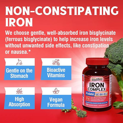 Iron Supplement for Women & Men, with Vitamins C, B6, B12 & Folate for Iron Deficiency, Blood Building & Energy Support, Stomach Friendly, Better Absorption, Non-GMO,No Gluten,120 Vegan Caps