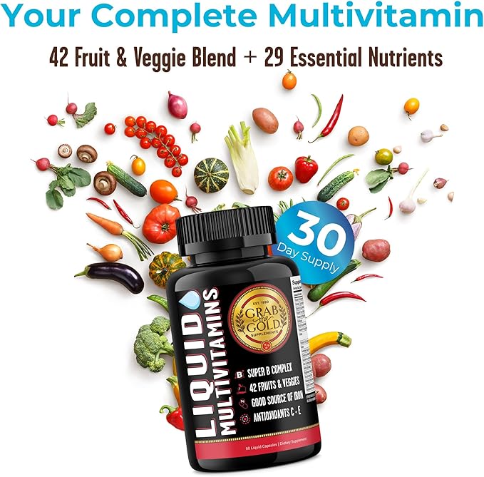 Grab The Gold Liquid Multivitamin Capsules - Fast Absorption, Energy Boost - 42 Fruits & Veggies, Good Source of Iron, Antioxidants