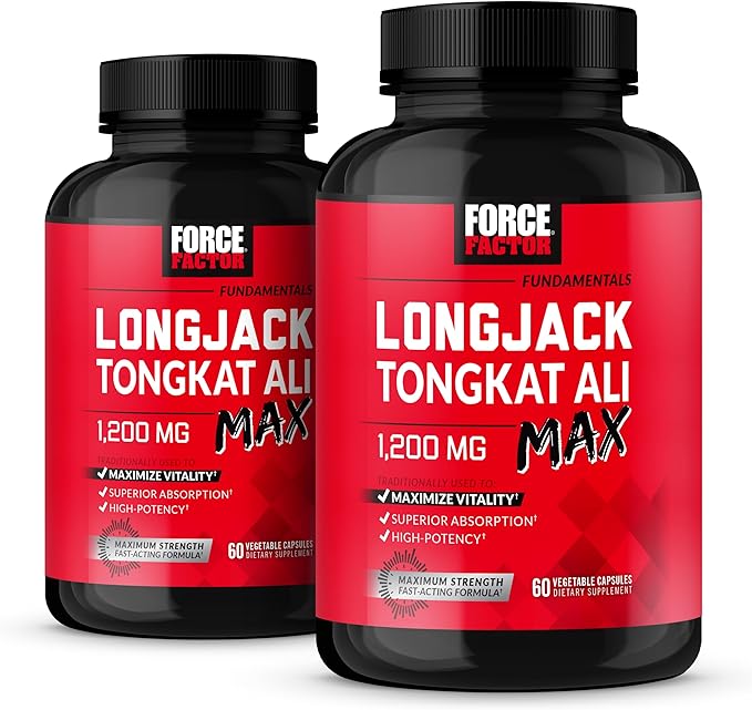 FORCE FACTOR Longjack Tongkat Ali Max, Tongkat Ali for Men, Male Stamina and Vitality Supplement Made with Key Natural Ingredients for Superior Absorption, 1200mg, 120 Capsules, 2-Pack
