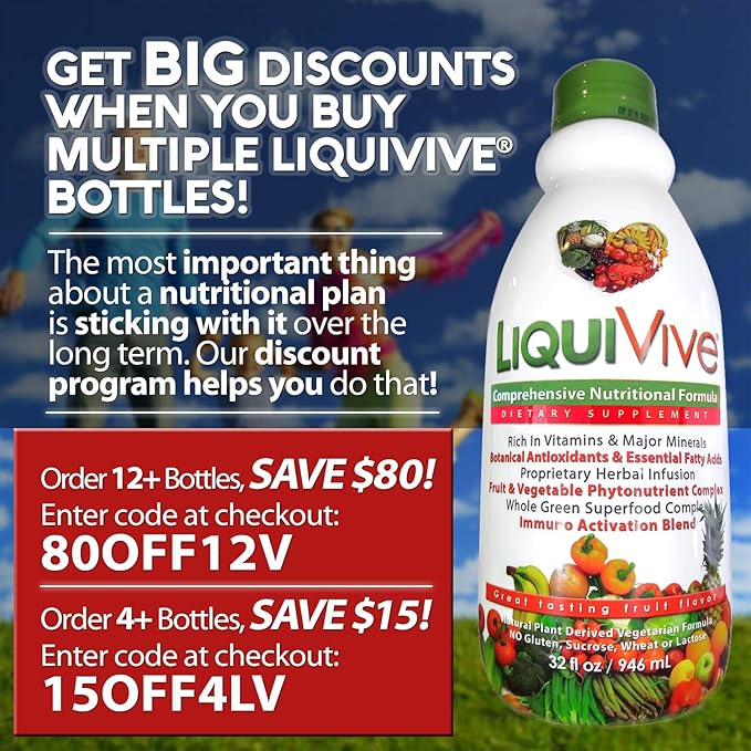 LiquiVive Liquid Vitamins Mega Nutrition | Vegetarian Daily Multivitamin Balance Immune Support Booster Superfood of Nature | Vitamin C D3 A B12 E K | 99.9% Vegan Non-GMO Gluten Free 32 fl oz
