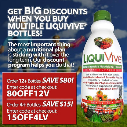 LiquiVive Liquid Vitamins Mega Nutrition | Vegetarian Daily Multivitamin Balance Immune Support Booster Superfood of Nature | Vitamin C D3 A B12 E K | 99.9% Vegan Non-GMO Gluten Free 32 fl oz