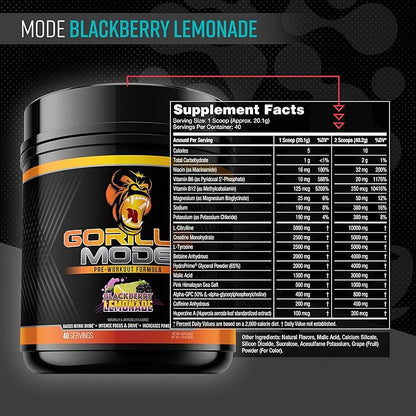 Gorilla Mode Pre Workout - Massive Pumps · Laser Focus · Energy · Power - L-Citrulline, Creatine, L-Tyrosine, Betaine, Hydroprime®, Alpha-GPC, 400mg Caffeine, Huperzine A – 800g (BlackBerry Lemonade)