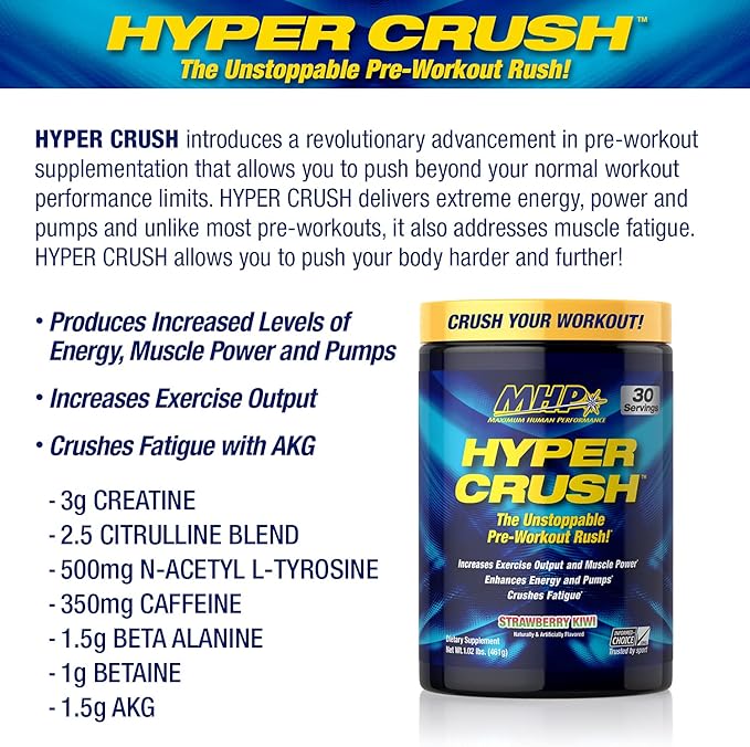 Maximum Human Performance Hyper Crush Pre Workout Powder, Increases Energy, Muscle Pumps, Power, Fights Fatigue, creatine, beta Alanine, Nitric Oxide, citrulline, AKG, Strawberry Kiwi, 30 Servings