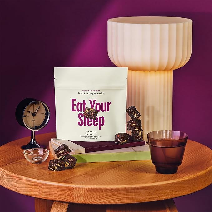 GEM Natural Deep Sleep Aid Nighttime Bite | Melatonin Free, Non-Habit Forming | L-Theanine, Magnesium, Valerian Root Extract | Gluten Free, Soy Free | Earthy Herbal Chocolate Cherry | 28 Servings