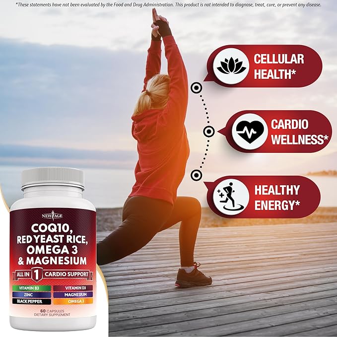 NEW AGE COQ10 200mg Red Yeast Rice 3000mg Omega 3-6-9 3000mg Magnesium Complex 500mg Zinc Vitamin K2 D3 - Heart Health Support Vitamins for Women and Men with Vitamin B3, Coenzyme Q10-60 Count