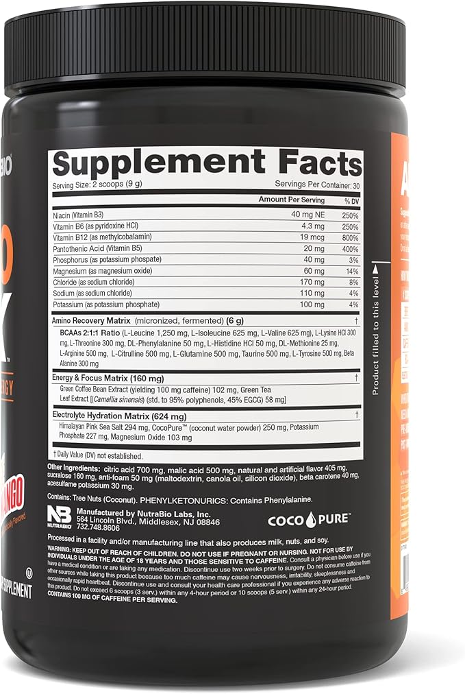 NutraBio Amino Kick - BCAA's, Electrolytes for Hydration, Natural Caffeine- 30 Servings- (Orange Mango)