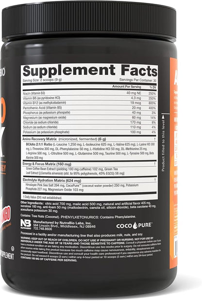 NutraBio Amino Kick - BCAA's, Electrolytes for Hydration, Natural Caffeine- 30 Servings- (Orange Mango)