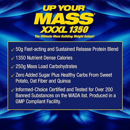 Maximum Human Performance MHP UYM XXXL 1350 Mass Building Weight Gainer, Muscle Mass Gains, w/50g Protein, High Calorie, 11g BCAAs, Leucine, Milk Chocolate, 8 Servings