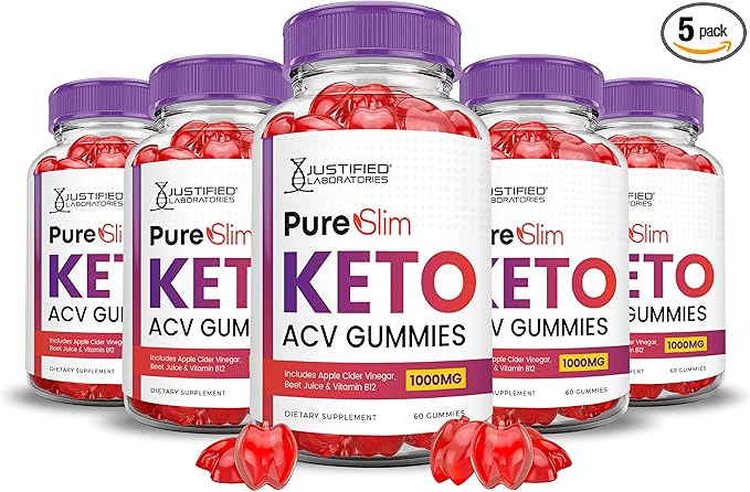 (5 Pack) Pure Slim Keto ACV Gummies Advanced Formula 1000MG PureSlim Keto Gummies Apple Cider Vinegar Formulated with Pomegranate Beet Juice Powder B12 Vegan Non GMO 300 Gummys