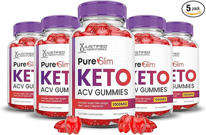 (5 Pack) Pure Slim Keto ACV Gummies Advanced Formula 1000MG PureSlim Keto Gummies Apple Cider Vinegar Formulated with Pomegranate Beet Juice Powder B12 Vegan Non GMO 300 Gummys