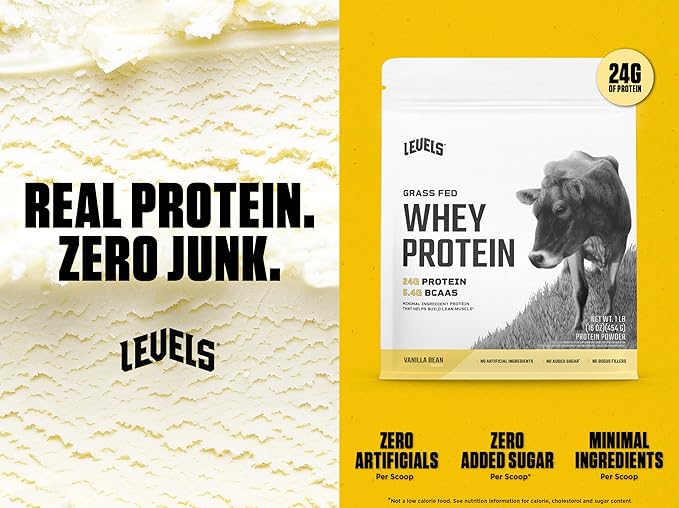 Levels Grass Fed Whey Protein Powder, No Artificials, 24G of Protein, Vanilla Bean, 1LB