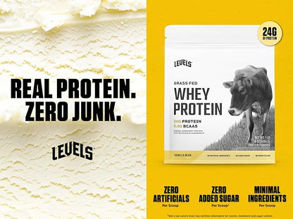 Levels Grass Fed Whey Protein Powder, No Artificials, 24G of Protein, Vanilla Bean, 1LB