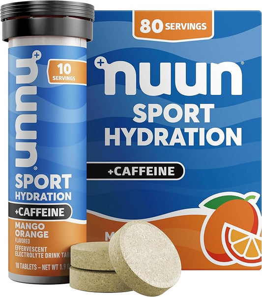 Nuun Sport + Caffeine Electrolyte Tablets - Dissolvable in Water, Mango Orange Flavor, 5 Essential Electrolytes for Hydration, 1g Sugar Drink Mix, Vegan, Non-GMO, 8 Pack (80 Total Servings)