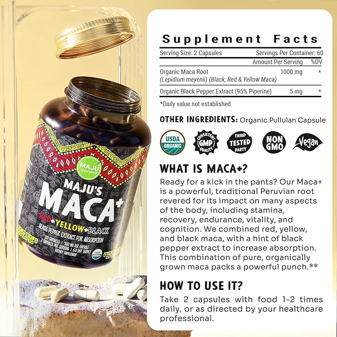Maju Superfoods 4-in-1 Maca Root Capsules, Organic Black, Yellow & Red Roots w Black Pepper Extract for Absorption (120 ct) | Peru Product, Peruvian Powder, Men & Women Supplement, 60,000 mg