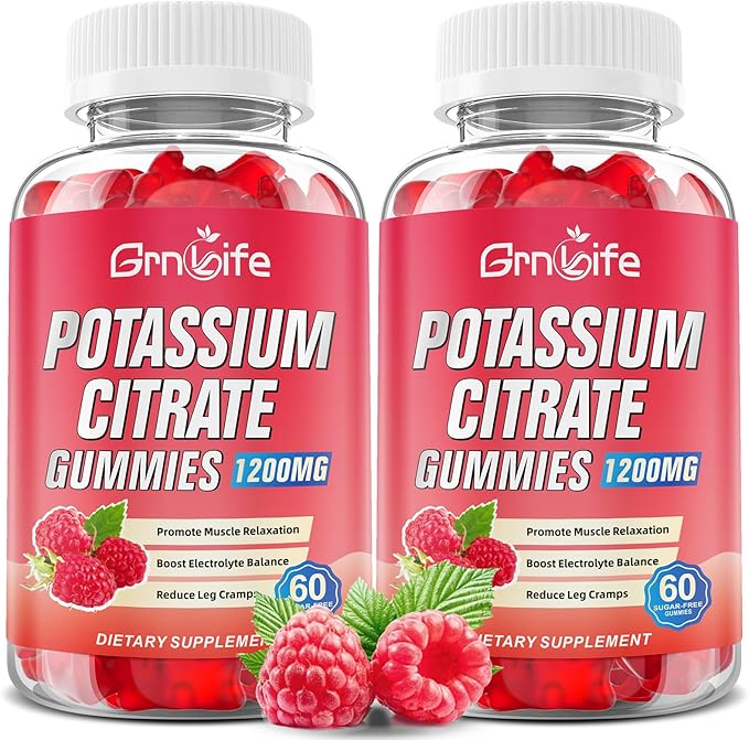 Potassium Citrate Gummies, High Potassium Supplement Gummies 1200mg Support Leg Cramps & Muscle Health, Potassium Gummies for Adults & Kids, Vegan, Raspberry Flavor 120 Count