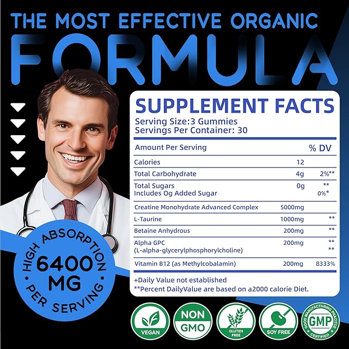 Creatine Monohydrate Gummies Complex 6400mg for Men & Women -Advanced Formula W/L-Taurine + Vitamin B12, Sugar Free Chewable Supplement,90 Blueberry Gummies