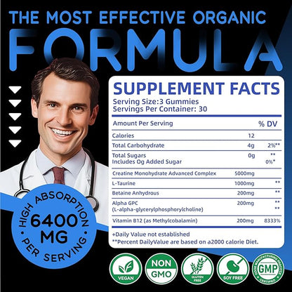 Creatine Monohydrate Gummies Complex 6400mg for Men & Women -Advanced Formula W/L-Taurine + Vitamin B12, Sugar Free Chewable Supplement,90 Blueberry Gummies