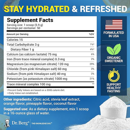 Dr. Berg Zero Sugar Hydration Keto Electrolyte Powder - Enhanced w/ 1000 mg of Potassium & Real Pink Himalayan Salt (NOT Table Salt) - Tropical Coconut, Pineapple & Orange Drink Supplement 50 Servings