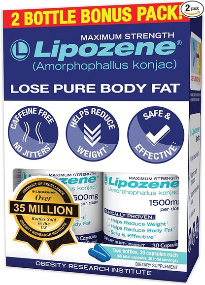 Lipozene - Weight Loss Supplement Diet Pills - Appetite Suppressant and Control - Two Bottles 60 Capsules Total