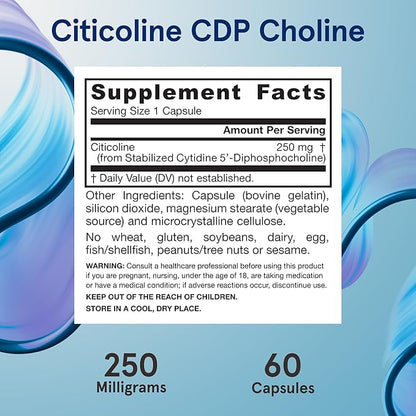 Jarrow Formulas Citicoline CDP Choline 250 MG, CDP Choline Supplement Supports Brain Health, Performance and Memory, 60 Capsules, Up to a 60 Day Supply