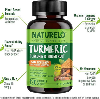 NATURELO Turmeric Curcumin - BioPerine for Better Absorption - Curcuminoids, Black Pepper, Ginger Powder - Plant-Based Joint Support - 120 Vegan Capsules