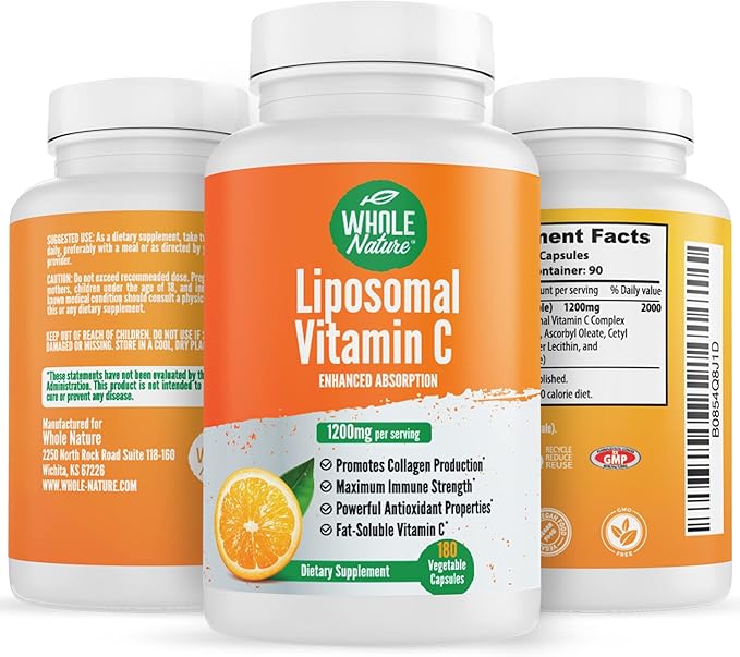 Liposomal Vitamin C Supplement Pills 1200 mg - High Absorption 180 Vegan Capsules Fat Soluble VIT C, Maximum Strength Immune System and Collagen Booster, Sunflower Lecithin