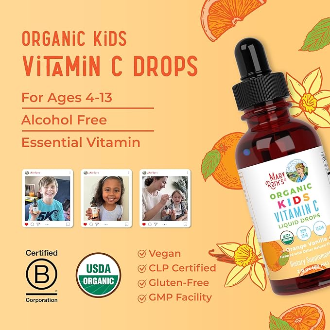 USDA Organic Kids Vitamin C Drops by MaryRuth’s | Vegan Vitamin C Immune Support Supplement for Ages 4-13 | Immune Support & Overall Health | Vitamin C from Organic Acerola Fruit Extract | 2oz
