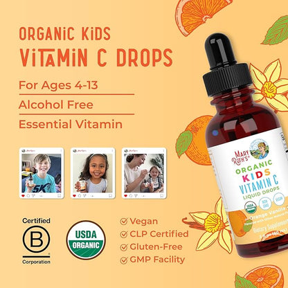 USDA Organic Kids Vitamin C Drops by MaryRuth’s | Vegan Vitamin C Immune Support Supplement for Ages 4-13 | Immune Support & Overall Health | Vitamin C from Organic Acerola Fruit Extract | 2oz