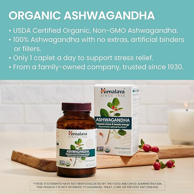 Himalaya Organic Ashwagandha, 120 Day Supply, Herbal Supplement for Stress Relief, Energy Support, Occasional Sleeplessness, USDA Organic, Non-GMO, Vegan, Gluten Free, 670 mg, 60 Caplets, 2 Pack