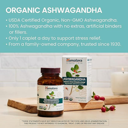Himalaya Organic Ashwagandha, 120 Day Supply, Herbal Supplement for Stress Relief, Energy Support, Occasional Sleeplessness, USDA Organic, Non-GMO, Vegan, Gluten Free, 670 mg, 60 Caplets, 2 Pack