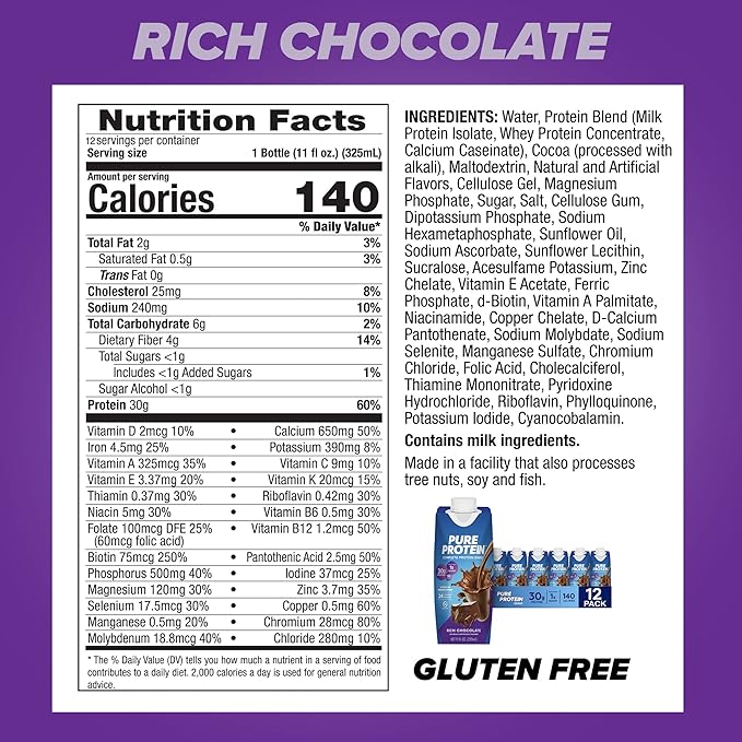 Pure Protein Chocolate Protein Shake, 30g Complete Protein, Ready to Drink and Keto-Friendly, Vitamins A, C, D, and E plus Zinc to Support Immune Health, 11oz Bottles, 12 Pack