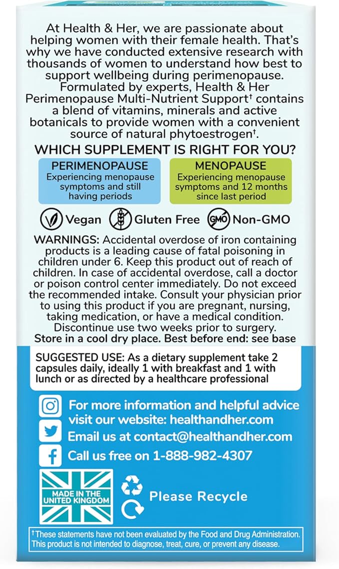 Health & Her Perimenopause Multi-Nutrient Support, Support for Wellbeing During Pre-Menopause (Early Stage of Menopause) Perimenopause Supplements for Women, Perimenopause Vitamins, Vegan (60 ct.)