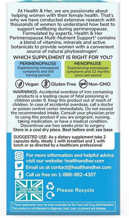 Health & Her Perimenopause Multi-Nutrient Support, Support for Wellbeing During Pre-Menopause (Early Stage of Menopause) Perimenopause Supplements for Women, Perimenopause Vitamins, Vegan (60 ct.)