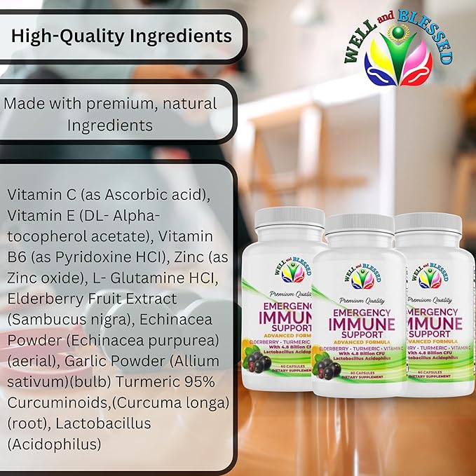 Emergency Immune Support - 60 Capsules - Elderberry, Turmeric, Vitamin C - Advanced Formula Capsules with Artificial Additives - Vegan Friendly