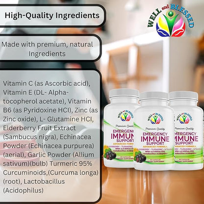 Emergency Immune Support - 60 Capsules - Elderberry, Turmeric, Vitamin C - Advanced Formula Capsules with Artificial Additives - Vegan Friendly