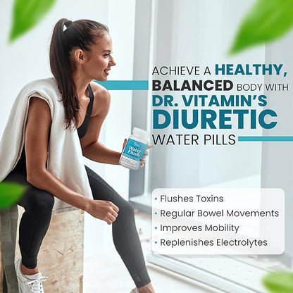 Diuretic Water Pills for Weight Control, 12 Active Ingredients (Green Tea, Cranberry & More), Instant Relief from Bloat & Swelling, Water Retention Pills for Women & Men - 60 Caps