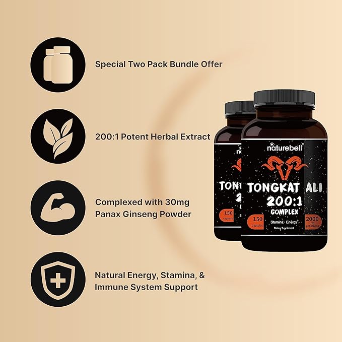 Tongkat Ali 200:1 (Longjack) Extract for Men, 2000mg Per Serving, Indonesia Origin, Eurycoma Longifolia | with Panax Ginseng for Energy, Stamina, & Male Health Support (150 Count (Pack of 2))