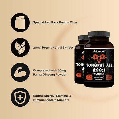 Tongkat Ali 200:1 (Longjack) Extract for Men, 2000mg Per Serving, Indonesia Origin, Eurycoma Longifolia | with Panax Ginseng for Energy, Stamina, & Male Health Support (150 Count (Pack of 2))
