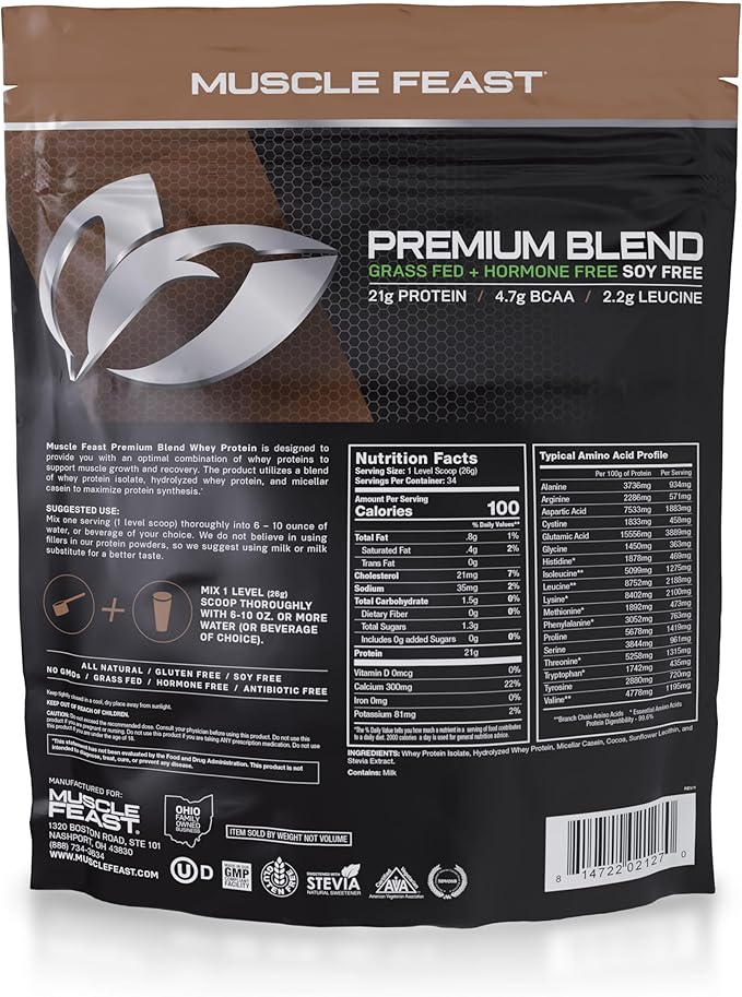 Muscle Feast Premium Blend All Natural Hormone Free Grass-Fed Whey Protein Powder, Chocolate, 2lb