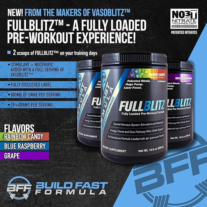 FULLBLITZ Fully Loaded Pre-Workout | Energy Booster + Huge Dual Pathway Nitric Oxide Boosting Muscle Pumps, Laser Focus & Nootropic Blend – 24 Workouts (Rainbow Candy)
