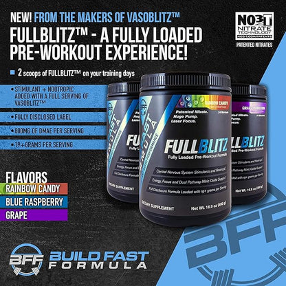 FULLBLITZ Fully Loaded Pre-Workout | Energy Booster + Huge Dual Pathway Nitric Oxide Boosting Muscle Pumps, Laser Focus & Nootropic Blend – 24 Workouts (Rainbow Candy)