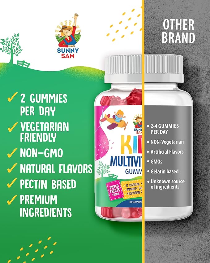 SUNNY SAM Kids Multivitamin Gummies - 90 Chewable Vitamins - Daily Supplement with 14 Essential Vitamins for Ages 2 and Above - Includes Vitamin A, C, D, E, Vegetarian B6 and B12, Zinc, Biotin