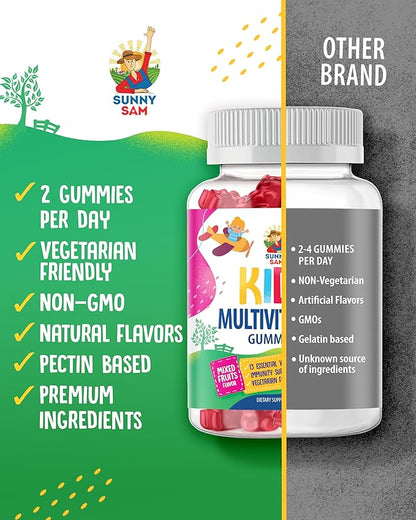 SUNNY SAM Kids Multivitamin Gummies - 90 Chewable Vitamins - Daily Supplement with 14 Essential Vitamins for Ages 2 and Above - Includes Vitamin A, C, D, E, Vegetarian B6 and B12, Zinc, Biotin
