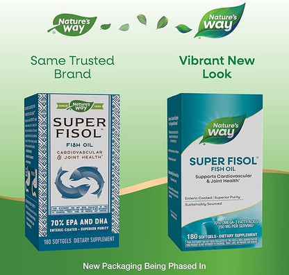 Nature's Way Super Fisol Fish Oil, Enteric Coated, Supports Cardiovascular and Joint Health*, Mega Potency Omega-3s, 180 Softgels (Packaging May Vary)